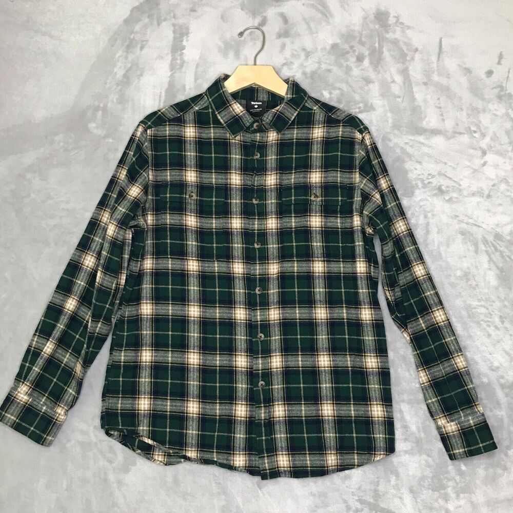 Teton Gravity Research Shirt Mens Large L Green Tan Flannel Long Sleeve Button
